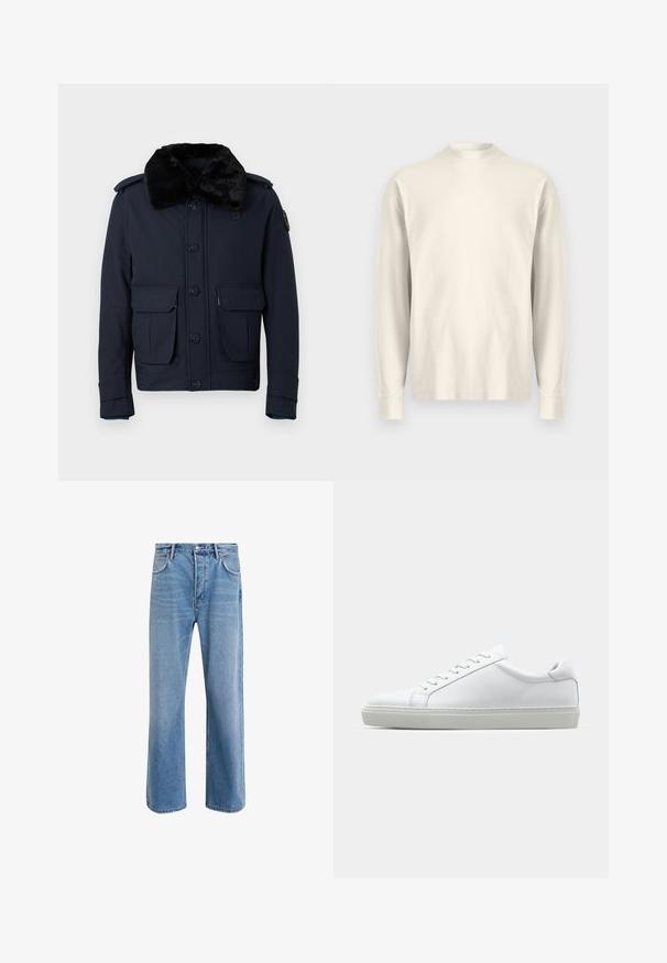 Navy blue jacket with a faux fur collar, button closure, and two front pockets. Features shoulder epaulets and additional detailing on the sleeve.; Long-sleeve, mock-neck shirt in light cream cotton. Smooth texture, relaxed fit, minimalist design, no visible patterns or accents.; Light blue denim jeans with a straight-leg design, five pockets, button closure, minimal fading, and contrasting stitching details.; White sneaker with a smooth leather upper and a low profile. Features a rounded toe, six eyelets, and a textured rubber sole.