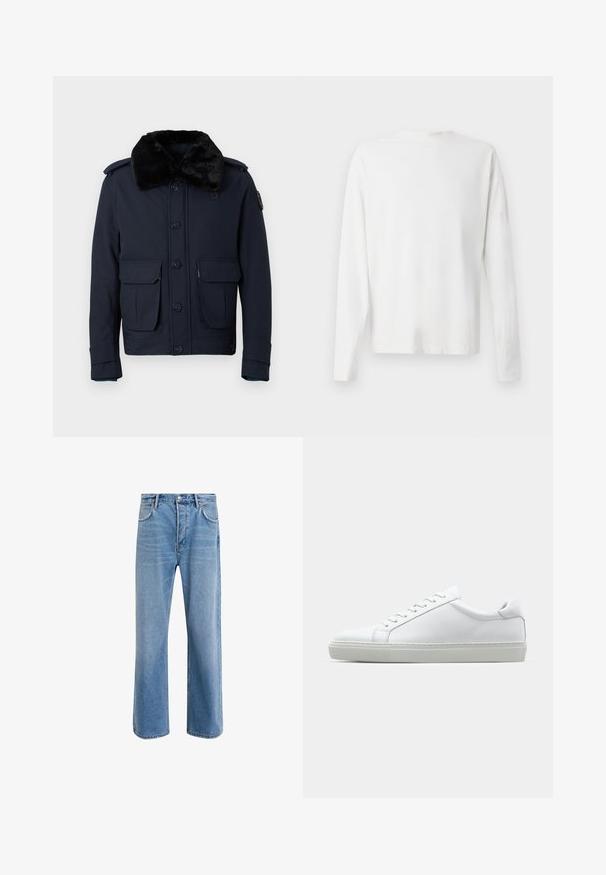 Tumši zila jaka ar mākslīgās kažokādas apkakli, pogu aizdari un divām priekšējām kabatām. Raksturīgas plecu apdare un papildu dizaina detaļas uz piedurknes.; Garums piedurkņu baltā kokvilnas krekls ar apaļu dekoltē, sānu šķēlumiem apakšā un gludu tekstūru, redzams no aizmugures.; Gai zilas džinsu bikses ar taisnām kājām, piecām kabatām, pogu aizvēršanu, minimālu izbalēšanu un kontrastējošiem šuvju elementiem.; Baltie sporta apavi ar gludu ādas virsu un zemu profilu. Iezīmējas ar noapaļotu purngalu, sešām acīm un teksturētu gumijas zoli.