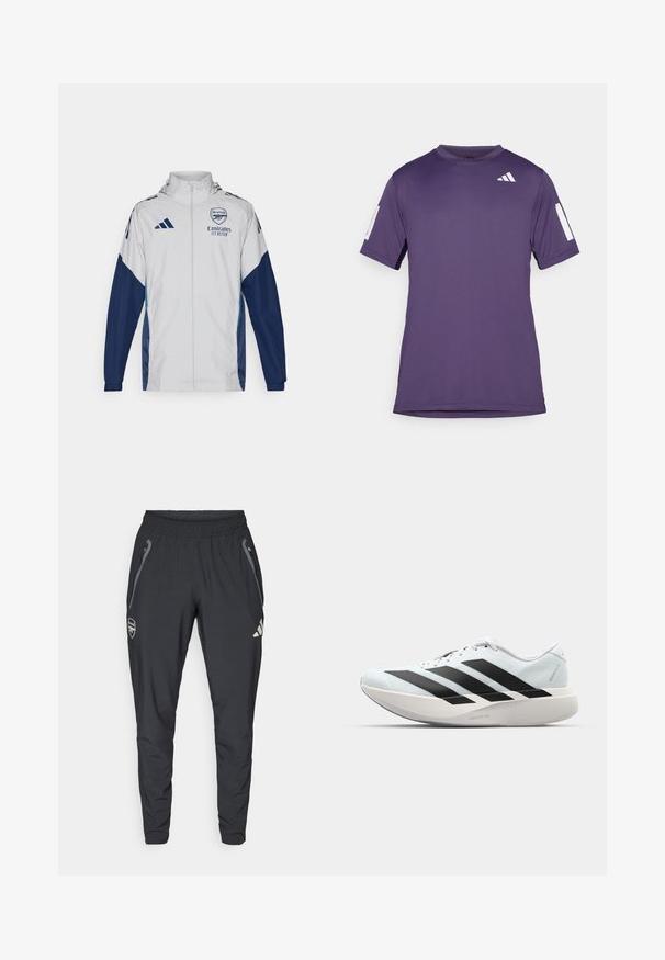 Bijela trenirka s plavim detaljima, s punim zatvaračem, kapuljačom i logotipom. Izrađena od laganog, vodootpornog materijala.; Ljubičasta sportska majica kratkih rukava od glatkog materijala, s bijelim detaljima na rukavima i prsima, okruglim izrezom i opuštenim krojem.; adidas Performance ARSENAL FC TIRO25 COMPETITION VIS TECH TRAVEL PANT - Klupska odjeća - black; Lagane tenisice za trčanje u svijetloplavoj boji s crnim trakama. Imaju glatku gornju površinu, okrugli vrh i debeli bijeli srednji sloj označen "LIGHTSTRIKE PRO."