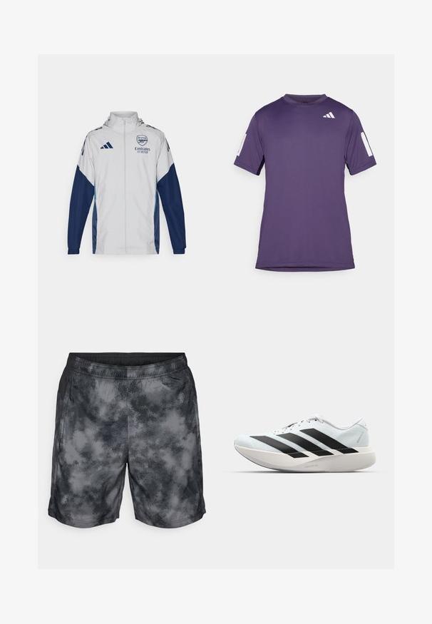 Balta sporta jaka ar tumši ziliem akcentiem, ar pilnu rāvējslēdzēju, kapuci un logo detaļām. Izgatavota no viegla, ūdensizturīga materiāla.; Violetais sporta īsām piedurknēm krekls, izgatavots no gludas auduma, ar baltām akcentēm uz piedurknēm un krūšu daļas, apaļa kakla izgriezums un brīvi pieguļošs griezums.; Pelēki un melni sporta šorti ar mākoņu līdzīgu rakstu, elastīgu jostasvietu un sānu kabatām. Audums izskatās viegls un elpojošs.; Gaiši zili vieglie skriešanas apavi ar melniem svītrainiem. Iezīmēti ar gludu augšpusi, apaļu purngalu un biezāko balto vidējo zoli, kurā ir uzraksts "LIGHTSTRIKE PRO."