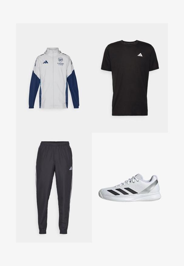 Balta sportinė striukė su tamsiai mėlynomis detalėmis, turi pilną užtrauktuką, gobtuvą ir logotipo detales. Pagaminta iš lengvo, vandeniui atsparaus medžiagos.; Juodas medvilnės marškinėliai trumpomis rankovėmis, su apvalia iškirpte ir balta logo kairiajame krūtinės šone. Lygus tekstūra ir paprastas dizainas.; Juodi sportiniai kelnių su elastinga juosta, šoninėse pusėse yra baltos juostos, o ant klubų yra mažas logotipas. Lygi tekstūra.; Baltas sportinis batas su juodomis juostelėmis, tekstūruota tinklinė viršutinė dalis, paminkštinta apykaklė ir sidabriniai akcentai ant kulno, turintis tvirtą guminį pado.