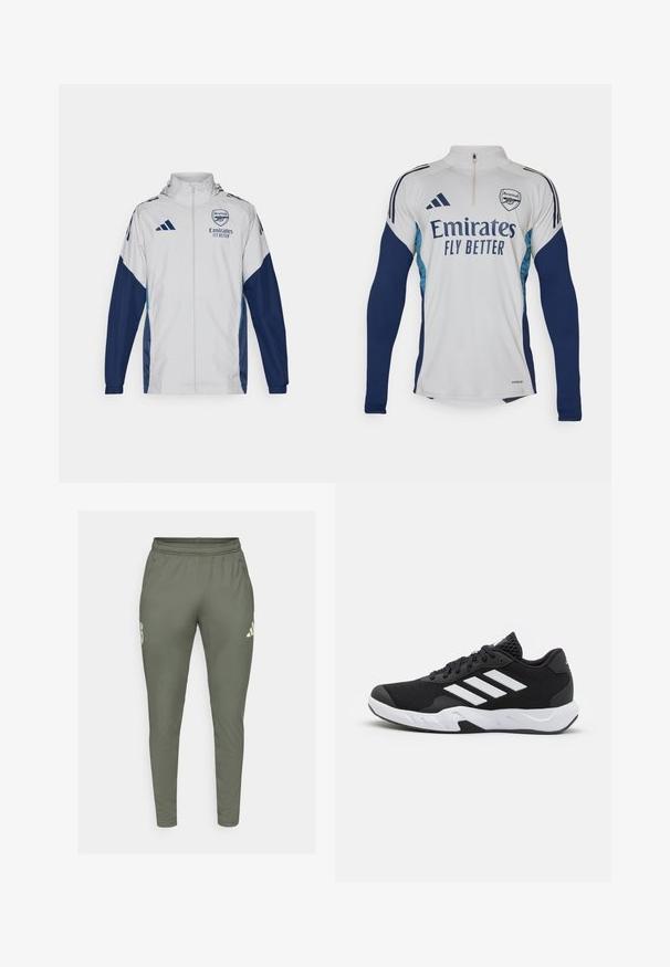 Balta sportinė striukė su tamsiai mėlynomis detalėmis, turi pilną užtrauktuką, gobtuvą ir logotipo detales. Pagaminta iš lengvo, vandeniui atsparaus medžiagos.; Balta ilgomis rankovėmis maikutė su tamsiai mėlynomis detalėmis, pusiau užtraukiama apykakle, atitinkanti „Emirates Fly Better“ logotipą ir Arsenal klubo emblemą.; Olivinės spalvos siauri treningai su elastinga juosme, šoninėmis kišenėmis. Su logotipu ant kairiojo šlaunies ir kontrastingais akcentais.; Juodi sportiniai batai su tekstūruotu tinkliniu paviršiumi, baltais akcentų dryžiais, paminkštintu padu ir sustiprintu kulnu paramai.