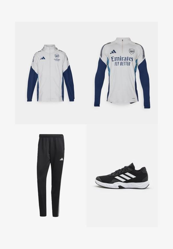 White track jacket with navy accents, featuring a full zipper, hood, and logo details. Made of lightweight, water-resistant material.; White long-sleeve jersey with navy blue accents, half-zip neckline, featuring "Emirates Fly Better" logo and Arsenal club crest.; Black athletic pants with a stretchy waistband, white side stripes, and a small white logo on the thigh. Made from a smooth, lightweight material.; Black athletic shoes with a textured mesh upper, white accent stripes, a cushioned sole, and a reinforced heel for support.