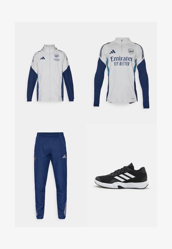 Weiße Trainingsjacke mit navyfarbenen Akzenten, ausgestattet mit einem durchgehenden Reißverschluss, Kapuze und Logodetails. Hergestellt aus leichtem, wasserabweisendem Material.; Weißes Langarm-Jersey mit marineblauen Akzenten, halber Reißverschluss am Kragen, versehen mit dem Logo "Emirates Fly Better" und dem Vereinswappen von Arsenal.; Marineblaue Jogginghosen aus leichtem Material, mit blauen Akzenten, Logo-Patch und drei weißen Streifen entlang der Unterschenkel.; Schwarze Sportschuhe mit einem strukturierten Mesh-Obermaterial, weißen Akzentstreifen, einer gepolsterten Sohle und einer verstärkten Ferse für Unterstützung.