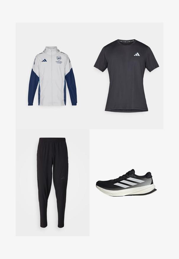 Bílá sportovní bunda se námořnickými akcenty, s plným zipem, kapucí a logem. Vyrobena z lehkého, voděodolného materiálu.; Černé sportovní tričko s krátkými rukávy a kulatým výstřihem, vyrobené z lehké látky. Na přední straně je reflexní logo Adidas.; Černé sportovní kalhoty s elastickým páskem, zúženým střihem, bočními kapsami a nenápadným logem. Vyrobeno z pružné, prodyšné látky.; Černá sportovní boty s síťovaným designem, s bílými pruhy, zaoblenou špičkou a texturovanou podrážkou pro lepší přilnavost a oporu.