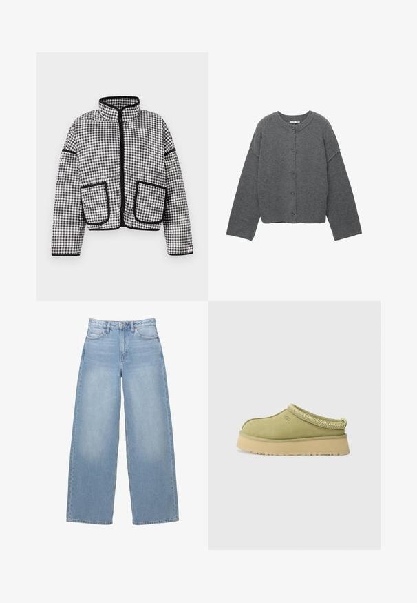 Fekete-fehér kockás puffernadrág magas gallérral, elülső cipzárral és két nagy zsebből álló, fekete díszítéssel.; Szürke kötött kardigán kerek nyakkivágással, esett vállakkal, gombos lezárással, valamint bordás mandzsettákkal az ujjakon és az alján.; Három ujjatlan felső fekete, világos zöld és bézs színben. Mindegyik kerek nyakú és puha, bordázott textúrával rendelkezik.; Világoskék, bő szárú farmernadrág. Magas derék, elöl zsebekkel és gombos záródással rendelkezik. Sima textúra, enyhe fakulással.; UGG TAZZ II - Klumpák - muted brass