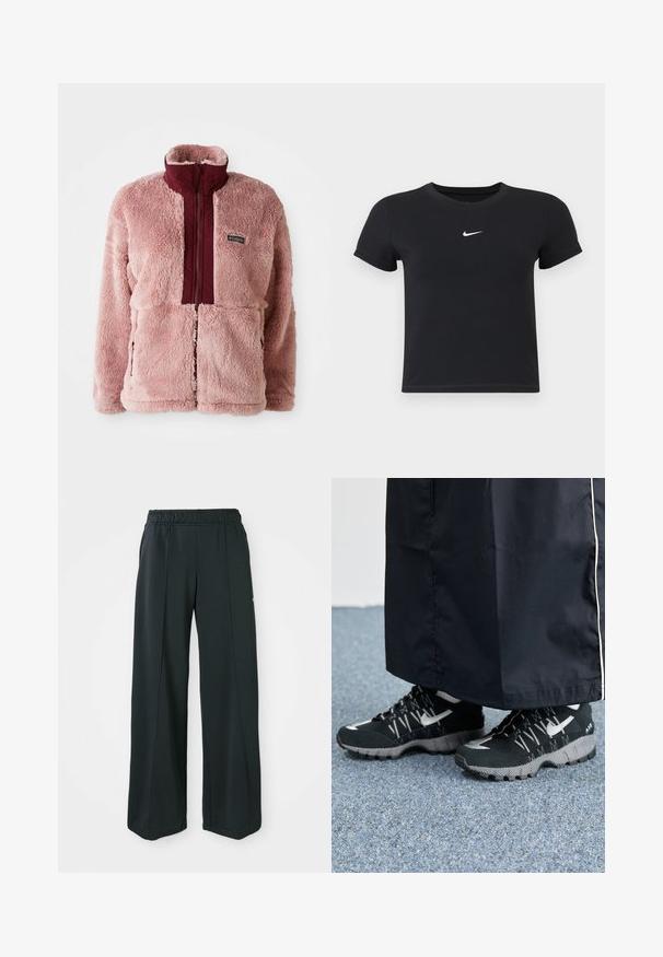 Fleece jacket in light pink with a maroon front panel and high collar. Features a zip closure and side pockets. Soft, textured material.; Black short-sleeve t-shirt made of cotton with a round neckline. Features a white Nike logo on the chest, minimalistic design, and fitted shape.; Black, wide-leg athletic pants with an elastic waistband. Made from smooth, stretchy fabric, featuring subtle front seams and no pockets.; Black athletic shoes with a textured upper, silver accents, and a patterned outsole, paired with a black long garment. Set against blue carpet.