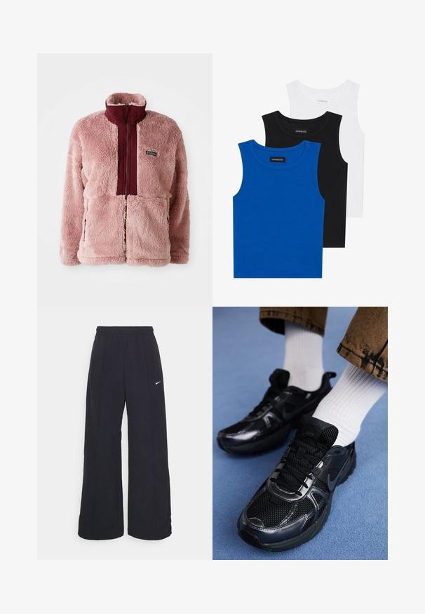 Fleece bunda v světle růžové barvě s vínovým předním panelem a vysokým límcem. Má zipový uzávěr a postranní kapsy. Měkký, strukturovaný materiál.; Tři bezramínkové trička v modré, černé a bílé barvě. Materiál je ribovaný s kulatým výstřihem. Každé tričko má štítek s nápisem „even&odd.“; Černé kalhoty s širokými nohavicemi, elastickým pasem a malým bílým logem Nike. Tkanina má hladkou strukturu, navrženou pro pohodlí a každodenní nošení.; Černé sportovní boty Nike mají síťovinový svršek s lesklými akcenty, černé tkaničky a texturovanou podrážku. V kombinaci s bílými žebrovanými ponožkami.