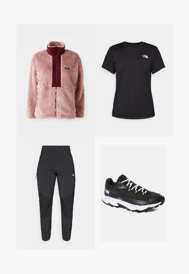 Heled roosa fliisjakk marooni esiosa ja kõrge kraega. Omab lukuga sulgemist ja küljetaskuid. Pehme, tekstuuriga materjal.; The North Face FLEX SHORT SLEEVES TEE - Spordi T-särk - black; Must black välitingimustes püksid, mis on valmistatud vastupidavast kangast. Omavad lukugaTaskuid, tugevdatud põlvepaneele ja sirget lõiget liikuvuse tagamiseks.; Must must sneaker, mille pehme ülemine osa ja tekstuuriga disain. Omab valgete täppidega vahekihti, paksu musta tallaga ja peegeldavaid paelu.