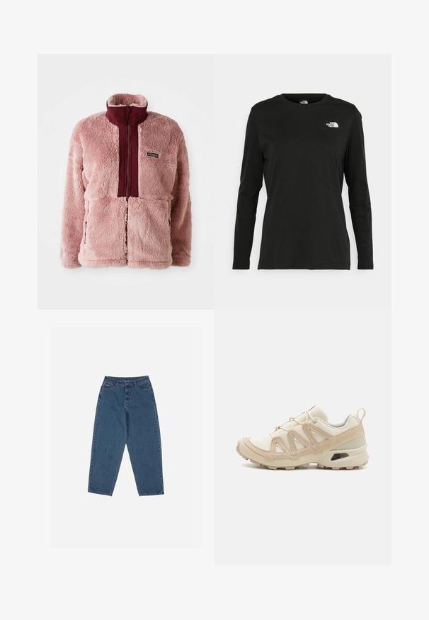 Fleece jacket in light pink with a maroon front panel and high collar. Features a zip closure and side pockets. Soft, textured material.; Black long-sleeve t-shirt made of cotton with a round neck. Features a small white logo on the left chest area. Simple design and fit.; Blue denim jeans with a relaxed fit, high waist, five-pocket design, and stitching accents. Features a button and zipper closure.; Beige and cream athletic shoe with textured mesh upper, supportive overlays, and rubber outsole featuring a tread pattern for traction.