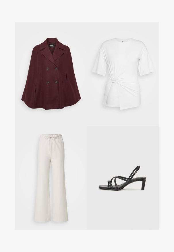 Burgonya színű gyapjú keverék köpeny, dupla soros gombolással, hajtott gallérral, nagy fekete gombokkal és két oldalsó zsebbel.; Fehér póló, puha pamutból készült, rövid ujjakra jellemző, elöl csavarodott csomó részlettel és derék körüli akcentusgyűrűvel.; Világos bézs, bőszárú nadrág, elasztikus derékkal és állítható kötélnyakkal. Simább anyagból készült; egyszerű, dísztelen dizájn jellemzi.; Fekete pántos szandál négyzetes orral és alacsony blokk sarkal. Több vékony pánttal és állítható boka pánttal rendelkezik. Sima bőrből készült.