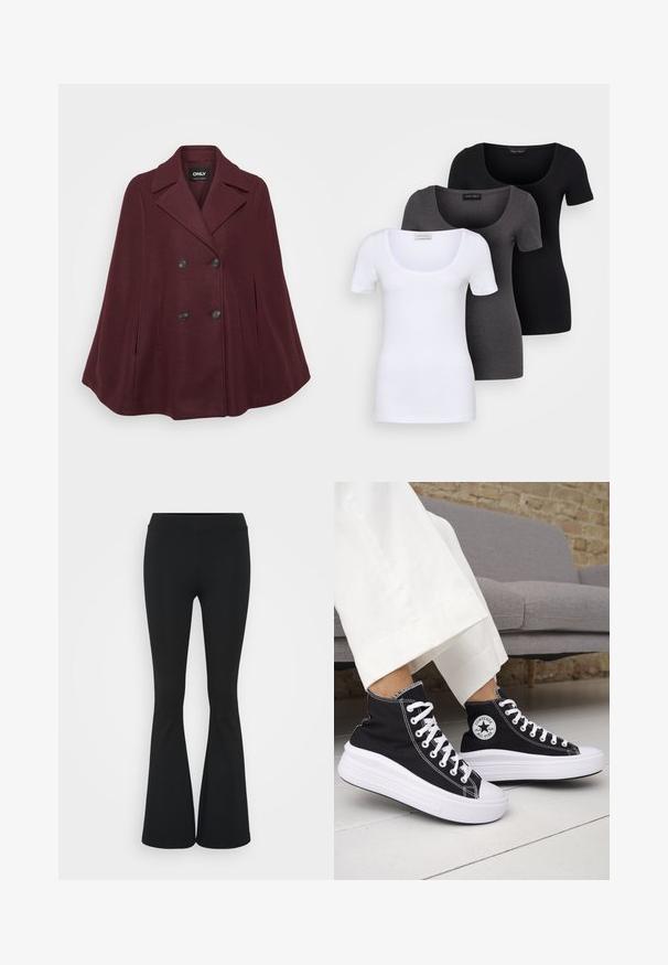 Burgunderullblanding kappe med doble knapper, slagkrage, store svarte knapper og to sidelommer.; Tre figurerte T-skjorter i hvit, grå og svart. Hver har en bred scoop-nakke og korte ermer. Laget av glatt, elastisk stoff.; Svarte flared bukser laget av elastisk stoff, med høy midje og en glatt tekstur. Buksene vidder ut fra kneet.; Svarte høye sneakers med hvite gummisåler og lisser. Har et rundt logo-merke og kontrasterende hvite sømmer. Laget av lerret.