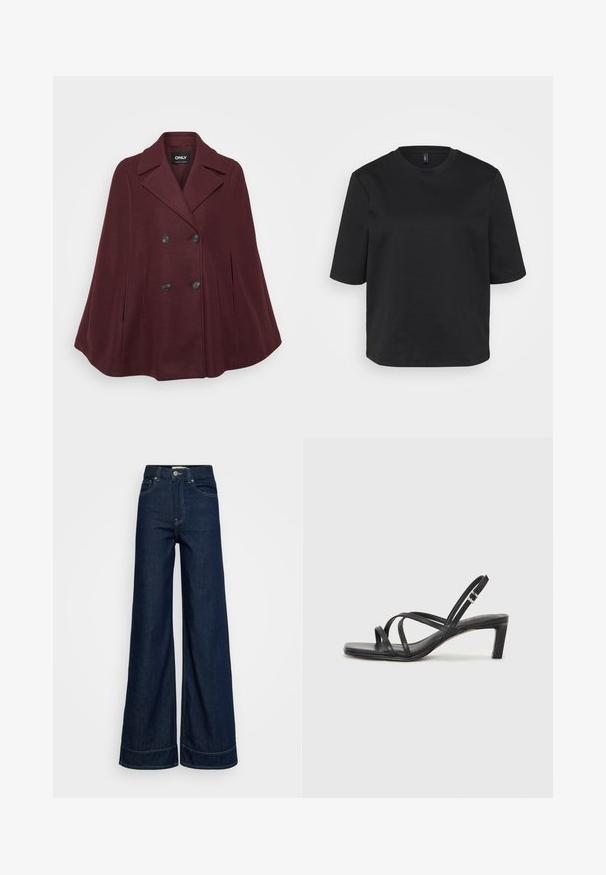 Burgundska plašč s kombinacijo volne z dvorednim zapiranjem, zareznim ovratnikom, velikimi črnimi gumbi in dvema stranskima žepoma.; Črno majico s kratkimi rokavi iz bombaža z okrožnim ovratnikom, ki ima sproščen kroj. Gladka tekstura brez vidnih vzorcev ali akcentov.; Temno modre jeans hlače z visokim pasom in širokimi nogavicami, z prednjimi žepi, zanke za pas, gumbom za zapiranje in vidno šivinami na belem ozadju.; Črne natikače s trakovi in kvadratnim prstom ter nizkim blokastim peto. Imajo več tankih trakov in nastavljiv trak okoli gležnja. Narejene so iz gladkega usnja.