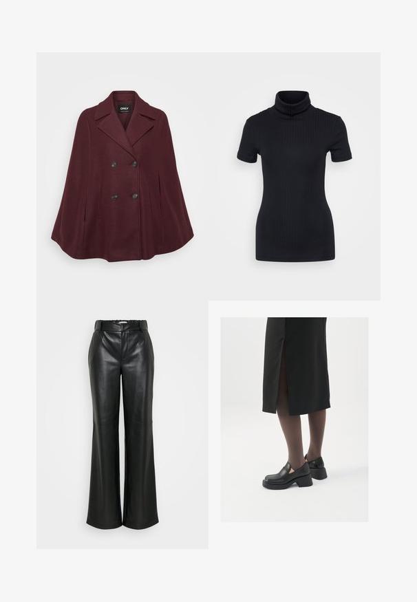 Cloak din amestec de lână burgundy cu un design cu două rânduri de nasturi, guler înclinat, nasturi mari negri și două buzunare laterale.; Top negru din tricot cu guler înalt, mâneci scurte, design mulat, textură moale, cusături minime.; ONLY Tall ONLSMOOTH WIDE - Pantaloni - black; Pantofi din piele neagră cu vârful rotund, toc bloc gros și accente elastice pe lateral, asortați cu colanți închiși la culoare și o fustă neagră cu o fanta.