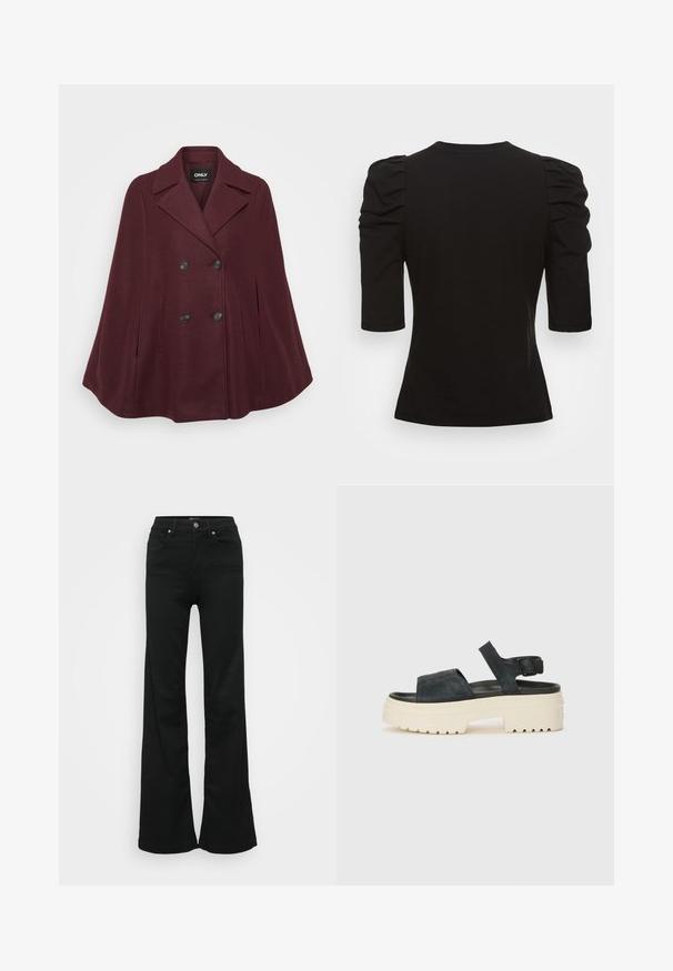 Burgundy wool blend cape with a double-breasted design, notched collar, large black buttons, and two side pockets.; Vero Moda Tall VMEGAMAXI - Basic T-shirt - black; Black flared jeans made from denim, featuring a high waist, five pockets, and metal button closure. Smooth texture with minimal detailing.; Black suede platform sandals with a chunky white sole, wide front strap, and adjustable ankle buckle. Textured outsole for grip.