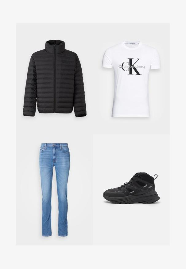 Crna puffer jakna s visokim ovratnikom, horizontalnim kariranim dizajnom i prednjim patentnim zatvaračem. Mekani, vodootporni materijal s minimalnim detaljima brendiranja.; Bijela pamučna majica s crnim "CK" logotipom i natpisom "Calvin Klein Jeans", kratki rukavi i klasičan okrugli izrez.; Svijetloplave slim-fit traperice s prednjim zatvaračem na gumbi i patentnom kopčom, pet džepova i suptilnim izbljeđivanjem na bedrima i koljenima.; Crne planinarske cipele s višeslojnim dizajnom, teksturiranom tkaninom i gumenenim potplatom, s ojačanim dijelovima i vezicama sprijeda.