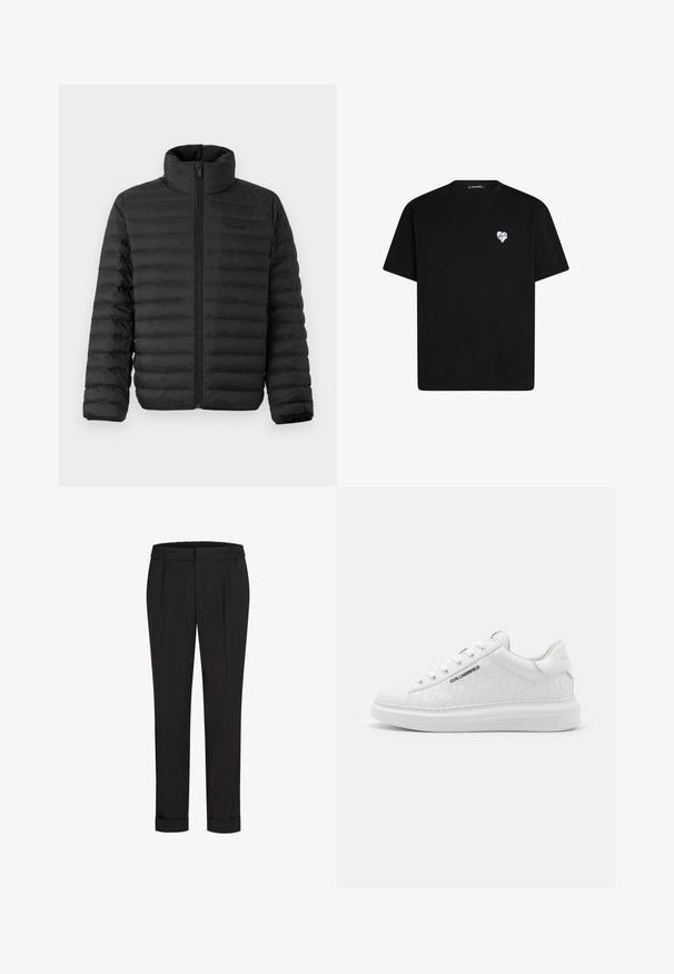 Crna puffer jakna s visokim ovratnikom, horizontalnim kariranim dizajnom i prednjim patentnim zatvaračem. Mekani, vodootporni materijal s minimalnim detaljima brendiranja.; Crna pamučna majica s kratkim rukavima, okruglim izrezom i malim bijelim grafičkim srcem na lijevoj strani prsnog dijela.; Crne hlače s elastičnom trakom u struku, s ravnim krojem i zavrnutim rubovima. Napravljene od glatkog, tkanog materijala bez uzoraka.; Bijela tenisica od glatke kože s reljefnim uzorkom. Ima okrugli vrh, vezanje sprijeda i teksturirano đono. Srebrni logo detalj na strani.