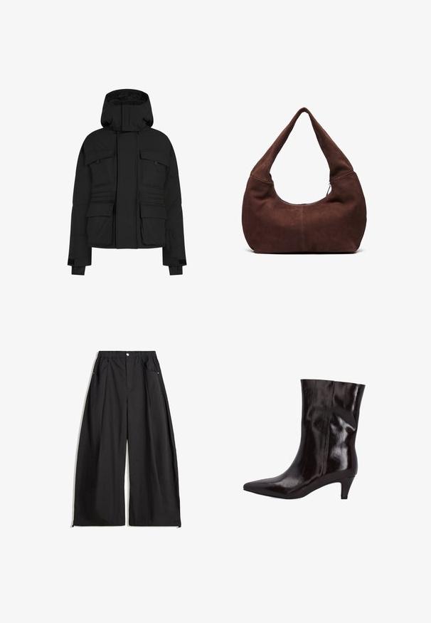 Schwarze Steppjacke mit Reißverschluss, mehreren großen Taschen und Kapuze. Hergestellt aus einem glatten, isolierten Stoff mit bequemer Passform.; Weicher hellgrauer Strickpullover mit langen Ärmeln und gerippten Bündchen, Saum und Rundhalsausschnitt.; Weißes T-Shirt mit kurzen Ärmeln und Rundhalsausschnitt, flach auf einem weißen Hintergrund ausgelegt, mit einem schwarzen Etikett am Kragen.; Schwarze weite Hosen mit hoher Taille, ausgestattet mit Falten, einem Knopfverschluss vorne und zwei seitlichen Taschen. Hergestellt aus einem Stoff mit strukturiertem Finish.; Braune Leder-Ankle-Boots mit spitzer Zehenform und einem 5 cm hohen, schmalen Absatz. Glänzende Textur und nahtloses Design ohne sichtbare Beschläge oder Akzente.; Braune Wildleder-Hobo-Tasche mit einem gebogenen, breiten Griff und einer großen Öffnung. Weiche Textur mit sichtbaren abgesteppten Details entlang der Kanten.