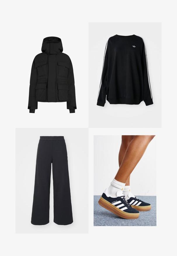 Black puffer jacket featuring a zip front, multiple large pockets, and a hood. Made from a smooth, insulated fabric with a relaxed fit.; Black oversized sweatshirt in soft fabric, featuring white stripes along the sleeves and a small logo on the chest. Round neckline.; Black wide-leg sweatpants made from soft fabric, featuring an elastic waistband and a small logo on the left side.; Black suede sneakers with white stripes and accents, rounded toe, gum rubber outsole, paired with white ribbed crew socks.