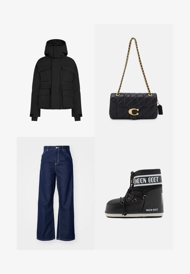 Doudoune noire avec fermeture éclair sur le devant, plusieurs grandes poches et une capuche. Fabriquée à partir d'un tissu lisse et isolé avec une coupe décontractée.; T-shirt en coton noir à coupe décontractée. Présente un col rond et des manches courtes. Comprend un petit logo doré brodé sur la poitrine.; Jean large en denim bleu foncé, avec une taille haute, des coutures blanches contrastantes et un design traditionnel à cinq poches.; Bottes de lune noires avec un dessus rembourré, maintenues par des lacets et une bande blanche distinctive portant le logo. Semelle en caoutchouc épaisse et texturée.; Sac à main matelassé noir avec une bandoulière en chaîne dorée, présentant un fermoir doré distinctif et une petite étiquette, mettant en valeur une surface en cuir texturé.