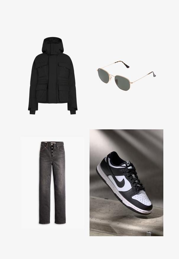 Sort puffjakke med lynlås foran, flere store lommer og hætte. Fremstillet af et glat, isoleret stof med en afslappet pasform.; Sort langærmet indpakningstop lavet af blødt stof, med V-hals, cropped længde og en bundet knude i siden til lukning.; Sorte højtaljede jeans med lige ben-design, lavet af denim. Features en knaplukning, kobberdetaljer og kontrastsyninger.; Sorthvid Nike Dunk Low sneakers med læderoverdel, perforeret tåboks og sorte snørebånd, udstyret med en hvid sål og logo accenter.; Guldmetallisk brille med mørkegrønne linser, aviator-stil, med slanke arme og skildpadde-mønstrede detaljer på spidserne.; Sort tote bag med geometrisk mønster, lavet af tekstureret materiale. Har robuste håndtag og et mærke, samt en struktureret form.
