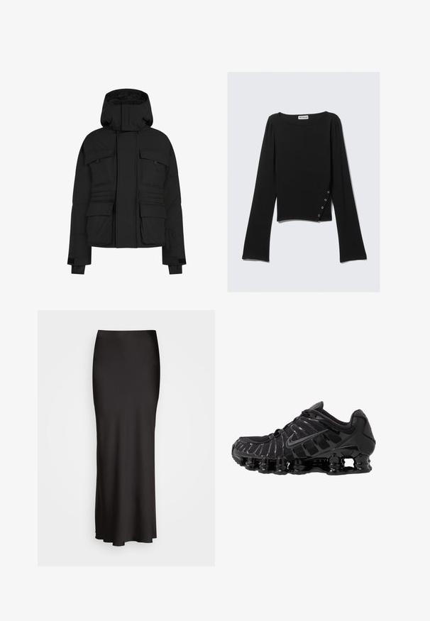 Giacca a vento nera con zip frontale, molteplici tasche grandi e cappuccio. Realizzata in un tessuto liscio e isolante con una vestibilità comoda.; Maglietta nera a maniche lunghe realizzata in tessuto liscio, con scollo a barca, lunghezza cropped e un dettaglio laterale con bottoni in argento.; Gonna in satin nera, lunga fino al pavimento, con una texture liscia, vita aderente e silhouette a forma di A, priva di decorazioni visibili o fantasie.; Scarpa sportiva nera con tomaia in mesh e sovrapposizioni lucide. Presenta un'imbottitura a molla curva e linee texturizzate sul lato. Logo Nike visibile.