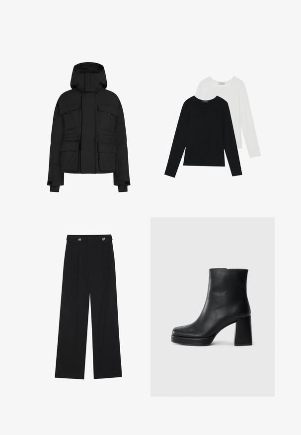 Zwarte pufferjack met een ritssluiting aan de voorkant, meerdere grote zakken en een capuchon. Gemaakt van een gladde, geïsoleerde stof met een losse pasvorm.; Twee shirts met lange mouwen, één zwart en één wit, beide met een vierkante halslijn en gemaakt van zacht, rekbaar materiaal.; Zwarte wijde broek met hoge taille, knoopdetails op de tailleband en plooien aan de voorkant.; Zwarte leren enkelboot met een blokhak en platformzool, zijaanzicht op een effen witte achtergrond.