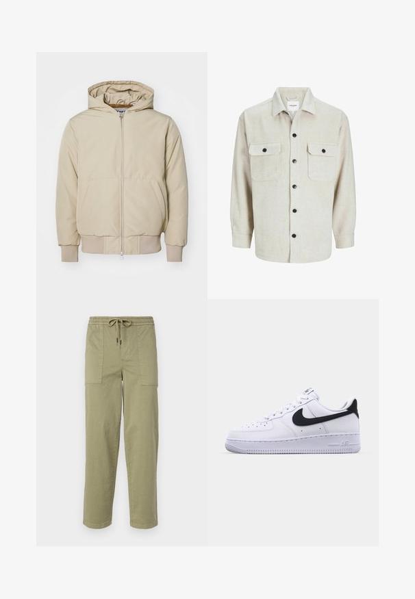 Veste à capuche beige avec une fermeture éclair sur le devant, deux grandes poches latérales, poignets et ourlet côtelés, fabriquée en tissu texturé. Design simple et moderne.; Chemise en flanelle beige avec un col, dotée de deux poches poitrine, de boutons noirs et de manches longues avec des poignets à bouton.; Pantalons vert olive clair en tissu mélangé coton, dotés d'une taille élastique avec cordon de serrage et de deux grandes poches latérales.; Sneaker en cuir blanc avec un Swoosh noir texturé, des lacets plats et une semelle en caoutchouc avec un motif strié. "AIR" est embossé sur le talon.