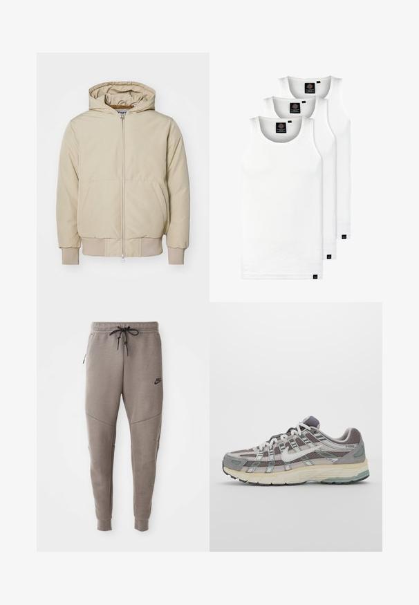 Veste à capuche beige avec une fermeture éclair sur le devant, deux grandes poches latérales, poignets et ourlet côtelés, fabriquée en tissu texturé. Design simple et moderne.; Trois débardeurs blancs côtelés en coton. Présentent un col rond et de petites étiquettes noires près de l'ourlet. Disponibles en plusieurs tailles.; Pantalon de survêtement gris Nike avec une taille élastique à cordon de serrage, des jambes fuselées, des poches latérales et un détail de couture distinct. Tissu doux et texturé.; Chaussure de sport grise avec une tige en mesh et en daim, accents blancs, semelle rembourrée et un design distinctif avec des éléments réfléchissants.