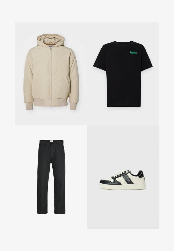 Bež jakna s kapuljačom, prednjim zipom, dva velika bočna džepa, rebrastim manžetama i donjim dijelom, napravljena od teksturirane tkanine. Jednostavan, moderan dizajn.; Crna majica kratkih rukava od pamuka. Na prednjem dijelu se nalazi zeleni "ROOTS" logo, okrugli izrez i standardni kroj.; Crne hlače od izdržljivog materijala, s ravnim krojem, šivenim detaljima i dva prednja džepa za funkcionalnost.; Kožne tenisice s crno-bijelom paletom boja, koje imaju perforirane akcentne detalje, podstavljeni ovratnik i teksturiranu potplat.
