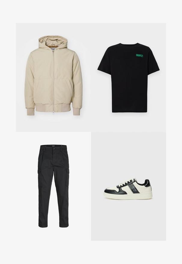 Giacca beige con cappuccio, chiusura frontale con zip, due grandi tasche laterali, polsini e orlo a costine, realizzata in tessuto texture. Design semplice e moderno.; T-shirt nera in cotone con maniche corte. Presenta un logo verde "ROOTS" sulla parte frontale, colletto rotondo e vestibilità standard.; Pantaloni cargo neri realizzati in un tessuto resistente, dotati di molteplici tasche, chiusura con bottone e un design aderente con gambe affusolate.; Sneakers in pelle con una combinazione di colori nero e crema, dotati di dettagli perforati, collare imbottito e suola testurizzata.