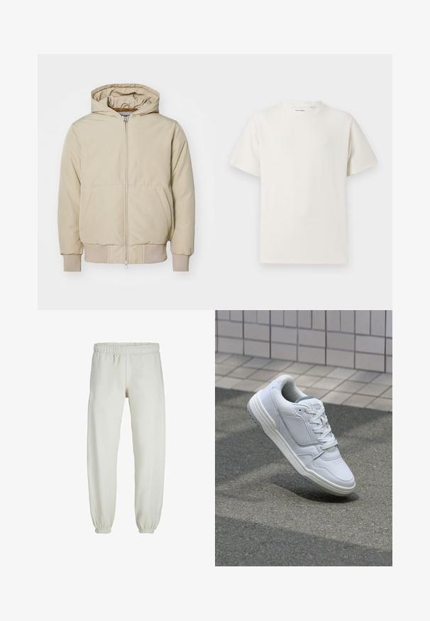 Veste à capuche beige avec une fermeture éclair sur le devant, deux grandes poches latérales, poignets et ourlet côtelés, fabriquée en tissu texturé. Design simple et moderne.; T-shirt blanc à manches courtes en texture côtelée. Encolure ronde, coupe décontractée, sans motifs ni accents visibles. Design simple et polyvalent.; Pantalons de survêtement blancs en tissu doux, avec une taille et des poignets élastiques, présentant une texture lisse et un design ample.; Baskets en cuir blanc avec des côtés perforés, des accents texturés, des lacets plats et un talon gris contrasté. Présente une semelle légèrement surélevée.