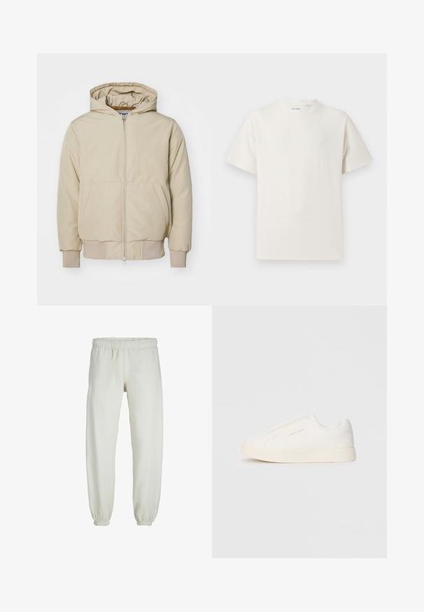 Beige hooded jacket with a front zipper, two large side pockets, ribbed cuffs and hem, made of textured fabric. Simple, modern design.; White short-sleeve T-shirt in a ribbed texture. Round neckline, relaxed fit, no visible patterns or accents. Simple and versatile design.; White sweatpants made from soft fabric, featuring an elastic waistband and cuffs, with a smooth texture and loose-fitting design.; White slip-on sneakers with a textured surface, a thick sole, and minimalistic design. Features brand logo on the side.