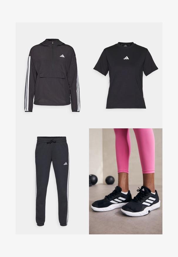 Casaco pullover preto feito de material leve. Apresenta um fecho de correr até à metade na frente, capuz, bolso frontal tipo pouch e detalhes em faixa branca nas mangas.; T-shirt preto de manga curta feito de tecido macio. Apresenta um logo branco da Adidas e riscas brancas em contraste ao longo dos lados.; Calças de desporto em azul-marinho, feitas de tecido suave, com riscas brancas nas laterais, uma cintura ajustável com cordão e um pequeno logo na coxa esquerda.; Sapatos de treino pretos com riscas brancas, parte superior em malha texturizada e sola branca. Usados com leggings cor-de-rosa, destacando roupa de treino.