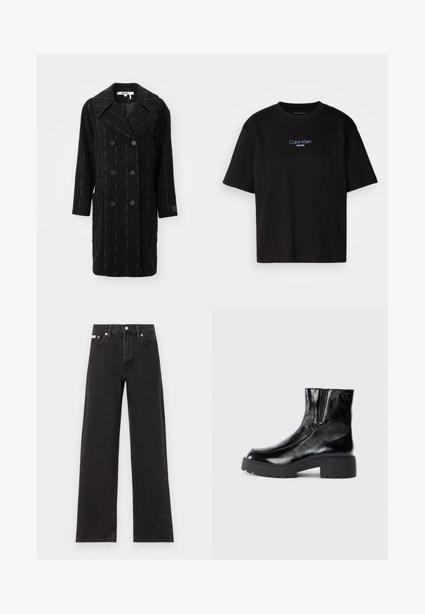 Černý dvojřadý kabát s klopovým límcem, zdobený bílými svislými pruhy a dvěma předními kapsami. Hladká textilie z vlněné směsi.; Černé bavlněné tričko s kulatým výstřihem a krátkými rukávy, s modrou vyšitou nášivkou "Calvin Klein JEANS" na přední straně.; Černé široké jeansy vyrobené z denimu, s vysokým pasem, pěti kapsami a kovovým zapínáním s kontrastním prošíváním.; Černé kotníkové boty s lesklým lakovaným povrchem, robustní černou gumovou podešví a zvýšeným podpatkem; obsahují jemný logo detail na boku.