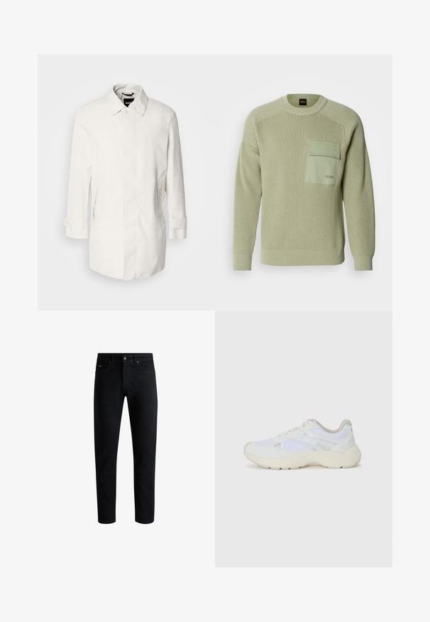 Λευκό, μισό μακρύ παλτό με κλείσιμο από κουμπί, γιακά σε αιχμηρή μορφή και δύο πλαϊνές τσέπες. Φτιαγμένο από απαλό, ελαφρύ υλικό με αναδιπλωμένα μανίκια.; Ανοιχτό πράσινο πλεκτό ζακέτα με ραβδωτή υφή, στρογγυλή λαιμόκοψη και εμπρόσθια τσέπη. Διαθέτει λογότυπο στην τσέπη και εφαρμοστά μανίκια.; Μαύρα τζιν slim-fit με πέντε τσέπες, κλείσιμο με κουμπί και θηλιές ζώνης, απεικονιζόμενα σε λευκό φόντο.; Λευκά αθλητικά παπούτσια από πλέγμα και σουέτ, με υφή στη σόλα, υφές σε διάφορα σημεία και λογότυπο "HUGO" στο πλάι.