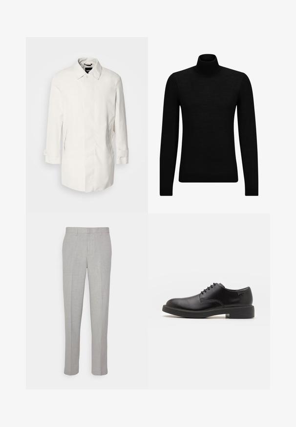 Valge, keskpikkus ülerõivas nupukattega, terava kraega ja kahe küljetaskuga. Valmistatud siledast ja kergest materjalist rullitud varrukatega.; Musthave muströid ja pehmest materjalist must turtleneck, millel on pikad varrukad ja tihe istuvus. Ribaga ääris allservas ja vöökohal. Lihtne disain.; Heledad hallid püksid sileda tekstuuriga, lame esiots ja sirged sääred. Valmistatud hingavast kangast, millel on sisepocketid ja vöölõngad.; Must beemel levalis kingad ümarate varvastega, sileda pinnaga, minimaalsete õmblustega ja madala kummist kontsaga. Logo kontsa peal.