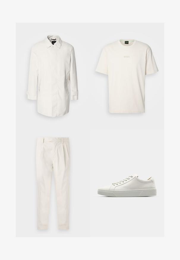 Abrigo blanco de longitud media con cierre de botón, cuello tipo punta y dos bolsillos laterales. Hecho de un material suave y ligero con puños enrollados.; BOSS TEE - Camiseta básica - open white; Pantalones blancos plisados con un ajuste entallado, que presentan una textura suave, pasadores para el cinturón y piernas ajustadas. Sin bolsillos visibles ni patrones.; Zapatilla blanca de cuero con punta redondeada, diseño minimalista, cordones grises y suela de goma texturizada gris. Detalles de costura sutiles visibles.
