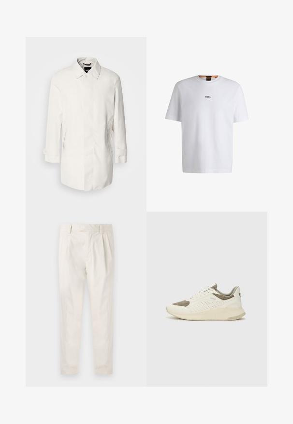 Bílý kabát střední délky s knoflíkovým zapínáním, špicatým límcem a dvěma bočními kapsami. Vyrobený z hladkého, lehkého materiálu s ohrnutými manžetami.; Bílý bavlněný tričko s krátkým rukávem, se středovým černým logem "BOSS" na hrudi a kulatým výstřihem.; Bílé, plisované kalhoty s upraveným střihem, které mají hladkou texturu, poutka na opasek a zúžené nohavice. Bez viditelných kapes nebo vzorů.; Bílé a světle béžové atletické tenisky, které mají síťovaný svršek, perforované detaily a texturovanou mezipodešev s logem na patě.