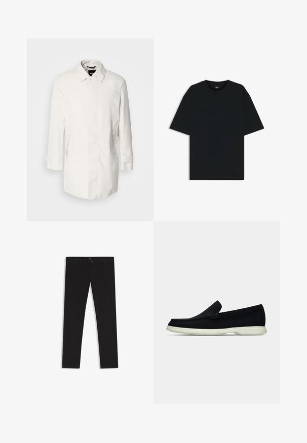 White, mid-length coat with a button closure, point collar, and two side pockets. Made of smooth, lightweight material with rolled cuffs.; Black cotton t-shirt with a round neckline and short sleeves. Features a loose fit and a simple design without patterns or accents.; Black trousers made of fabric with a smooth texture. Features a button closure, belt loops, and side pockets. Standard straight-leg design.; Black slip-on shoe with a rounded toe, featuring a textured upper, smooth white sole, and subtle branding detail on the side.