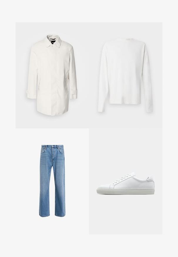 Fehér, középhosszú kabát, gombos záródással, hegyes gallérral és két oldalsó zsebbel. Simább, könnyű anyagból készült, felgöngyölített ujjak jellemzik.; Hosszú ujjú fehér pamut ing kerek nyakkivágással, az alján oldalsó hasítékokkal és sima textúrával, hátulról bemutatva.; Világoskék farmernadrág, egyenes szárú fazonnal, öt zsebbel, gombos záródással, minimális kopással és kontrasztos varrással.; Fehér sportcipő sima bőr felső résszel és alacsony profilsal. Kerek orr, hat fűzőlyuk és barázdált gumitalp jellemzi.