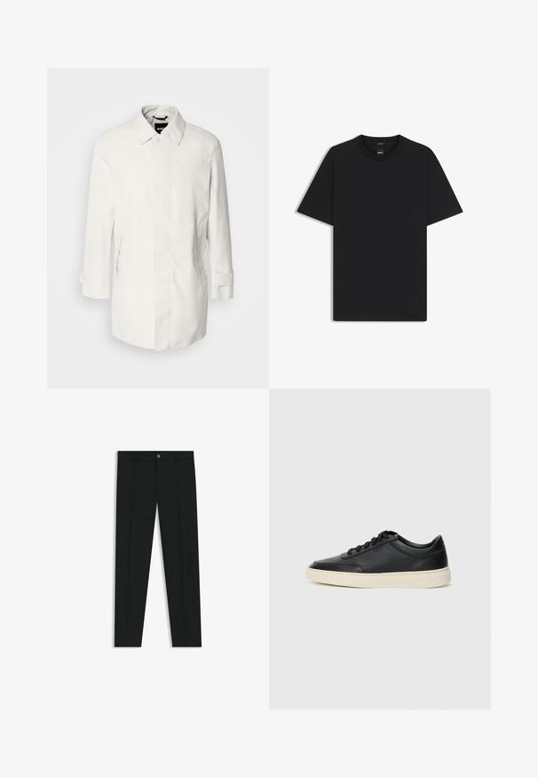 Cappotto bianco di lunghezza media con chiusura a bottoni, colletto a punta e due tasche laterali. Realizzato in materiale liscio e leggero con polsini arrotolati.; Maglietta nera a maniche corte realizzata in un morbido misto cotone, con scollatura a girocollo e un design minimalista senza motivi o dettagli.; Pantaloni neri in tessuto lisci, con design a gamba dritta. Presentano una chiusura frontale con bottone e passanti per cintura. Senza fantasie.; Sneaker in pelle nera a basso profilo con lacci neri e suola avorio, mostrato di profilo su sfondo bianco.