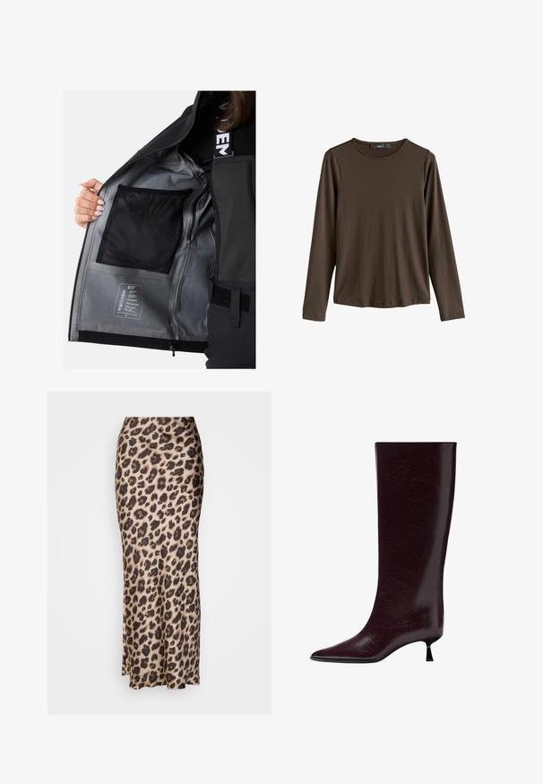 Inderside af sort vandtæt jakke med sølvfarvet foring, netlomme og plejeetiket, der beskriver stoffets egenskaber og funktioner.; Brun langærmet skjorte lavet af glat stof. Har en rund halsudskæring og lige kant, uden synlige mønstre eller accenter.; Leopardprint midi-nederdel i glat satin. Har en tætsiddende silhuet med en lille slids i kanten for bevægelse. Neutral beige og brun.; Kniehøje bordeaux læderstøvler med en slank, struktureret finish, spids tå og en tynd, stablet hæl for ekstra højde.