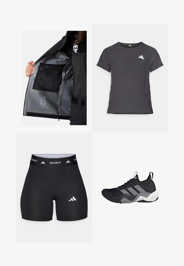 Interno di giacca impermeabile nera con fodera argentata, tasca in rete e etichetta di cura che dettaglia le caratteristiche e le proprietà del tessuto.; T-shirt atletico a maniche corte, grigio scuro con texture perforata. Presenta un logo bianco e strisce laterali a contrasto. Girocollo.; Shorts neri realizzati in tessuto elastico con un design aderente. Presentano una larga fascia in vita nera etichettata "TECHFIT" e un logo bianco sulla gamba.; Scarpa sportiva nera con una tomaia in mesh traspirante, dettagli grigi, suola texturizzata e tre strisce distintive di lato.
