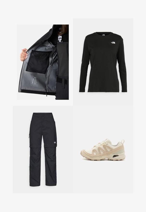 Black waterproof jacket interior with silver lining, mesh pocket, and care label detailing fabric attributes and features.; Black long-sleeve t-shirt made of cotton with a round neck. Features a small white logo on the left chest area. Simple design and fit.; Black nylon zip-off cargo trousers with adjustable cuffs, multiple pockets, and a logo on the right leg. Smooth, lightweight texture.; Beige and cream athletic shoe with textured mesh upper, supportive overlays, and rubber outsole featuring a tread pattern for traction.