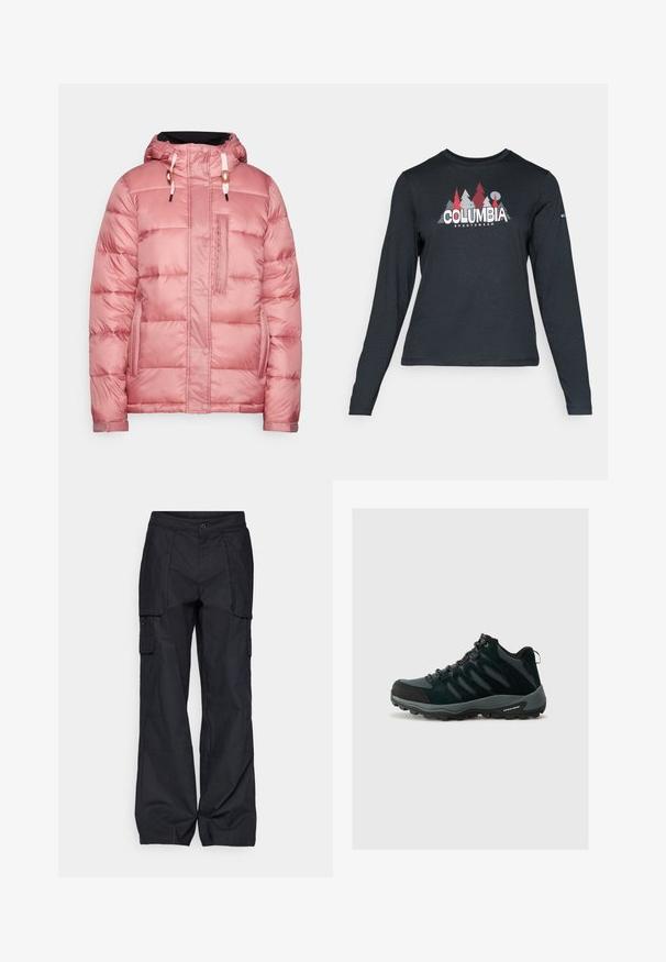 Veste rembourrée en rose clair avec capuche, fermetures à pression et à glissière, poche poitrine et cordons de serrage, présentant une texture lisse et brillante.; Chemise à manches longues gris foncé avec un motif d'arbres rouges et de montagnes ; logo "COLUMBIA" en lettres blanches en gras. Tissu doux, col rond standard.; Columbia BREA FALLS™ COTTON RIPSTOP PANT - Pantalons outdoor - black; Columbia REDMOND - Chaussures de marche - black/citron haze