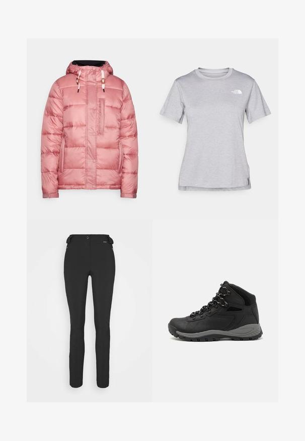 Pūkinis švarkas šviesiai rožinės spalvos su kapišonu, spaudėmis ir užtrauktuku, krūtine kišenė, virvelės, turintis lygią, blizgią tekstūrą.; Pilkas trumpomis rankovėmis marškinėliai, pagaminti iš minkštos, drėgmę sugeriančios medžiagos. Turi apvalią iškirptę ir mažą baltą logotipą viršutiniame kairiajame kampe.; Juodos, prigludusios kelnės, pagamintos iš lankstaus medžiagos. Ypatybės: šoninis kišenės užtrauktuku, suformuotos kelių sritys ir lygi tekstūra.; Juodas žygio botas su vidutinio aukščio dizainu, pasižymintis tekstūruota viršutine dalimi, pilkų akcentų ir patvaria guma padanga su sukibimo gumbais.