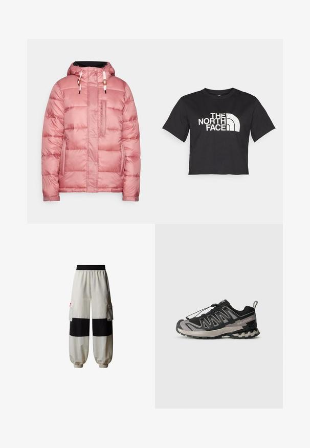 Kergedatud roosaka värvi jope, millel on kapuuts, nööbid ja tõmblukk, rinna-tasku ja nöörid, millel on sile ja läikiv tekstuur.; Must must kleidend t-särk, millel on valge logo ja kõverad aktsendid, esiküljel tekst "THE NORTH FACE". Lühikesed varrukad, ümar kaelus.; The North Face HIMALAYAN - Kargopüksid - white dune tnf black; Must mustriline ja hallid spordijalatsid, millel on võrgu ülemine osa, kummist põhi ja elastne nööri süsteem. Omab tugevdatud varvaskatet ja tekstuursete aktsentidega detaile.