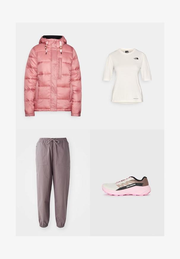 Gevoerde jas in lichtroze met een capuchon, drukknopen en ritssluitingen, borstzak en koordjes, met een gladde, glanzende textuur.; The North Face SHADOW SHORT SLEEVE - Sport T-shirt - white dune; Grijze elastische broeken met een trekkoord, voorzien van twee frontzakken en taps toelopende enkels, gepresenteerd tegen een witte achtergrond.; Lichte hardloopschoenen in wit, bruin en roze. Voorzien van een ademende bovenkant, getextureerde grijze accenten en een roze rubberen buitenzool.