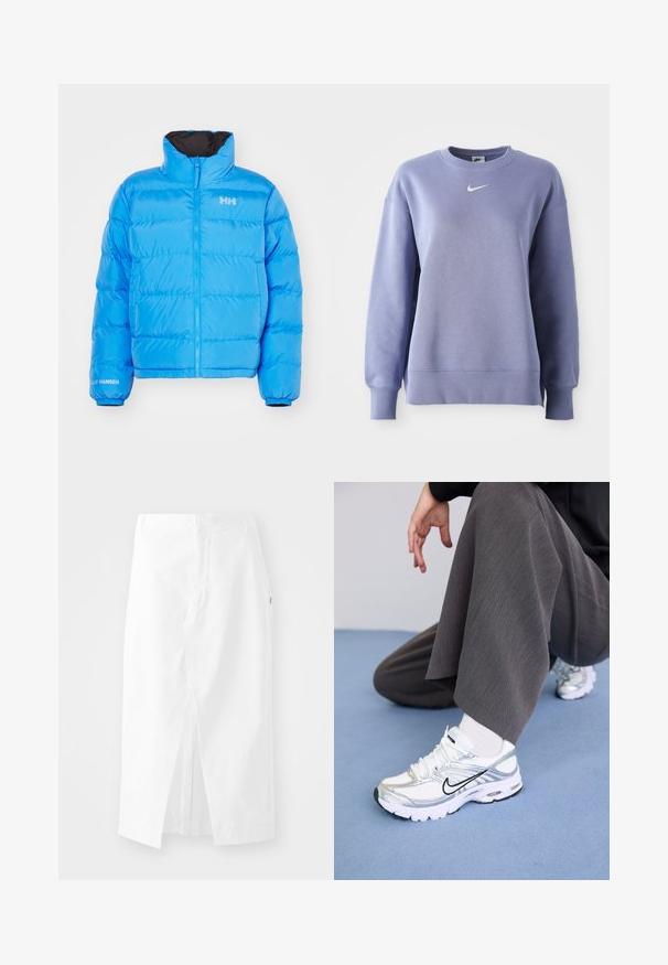 Niebieska kurtka puchowa z wysokim kołnierzem, zamek błyskawiczny i elastyczne mankiety. Posiada przeszyty wzór oraz białe logo marki na klatce piersiowej i rękawie.; Jasnofioletowa, klasyczna bluza z okrągłym dekoltem, wykonana z miękkiego materiału; charakteryzuje się ściętymi mankietami i dołem oraz małym białym logo Nike na piersi.; Biała bawełniana spódnica midi o prostym kroju, z bocznym rozporkiem i ukrytym zamkiem. Gładka tekstura, minimalistyczny design i brak widocznych ozdób.; Białe i srebrne buty sportowe z siateczki i materiałów syntetycznych, z czarnymi akcentami, sznurówkami i teksturowanymi podeszwami.